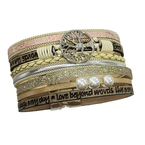 Multy Layers Leather Bangle Magnetic Bracelet for Men and Women 7.5in - Khaki‎ - Picture 2 of 10